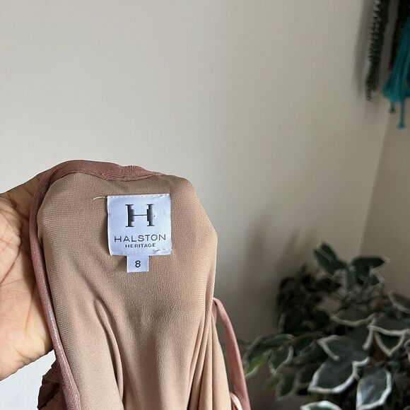 Halston Heritage Pleated Lamé Metallic One-Shoulder Maxi Dress 8 Belted Gown - Picture 7 of 9